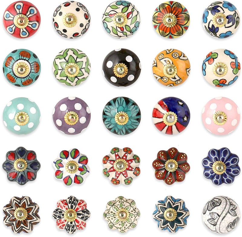 FOLK CRAFT Knobs for Cabinets and Drawers - Pack of 25 - Indian Countryside Colorful Assorted Ceramic Pull Handle Kitchen Cupboard Wardrobe Dresser Knob Boho Room Interior Decor - Multicolor - Image 2